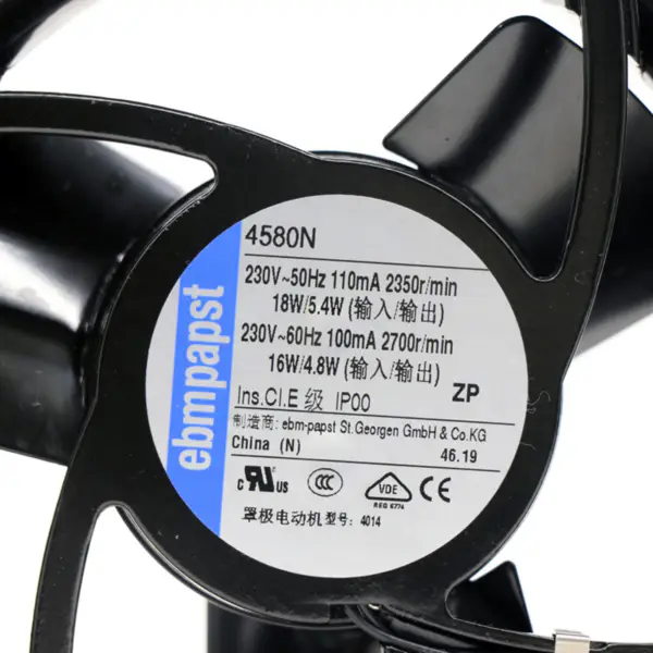 119 x 119 x 38mm 230 V AC air flow 123m3 / h 2350 rpm 4580N Sleeve bearing ebm papst cooling fan