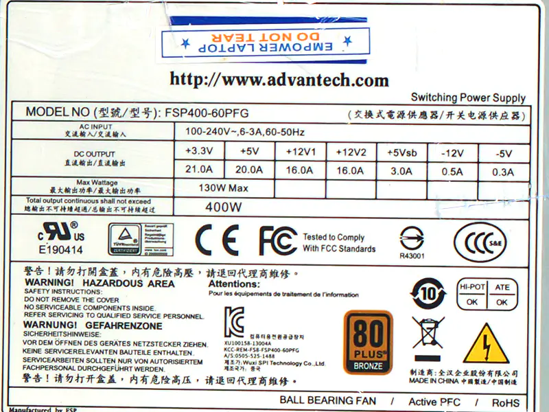 Advantech FSP400-60PFG PS8-400ATX-ZE Fuente de alimentación