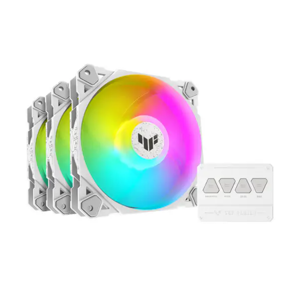 AsUs Tuf Gaming Blanco Luz Heroica Tf120 Ventilador De Chasis 3 Pcs Argb Ventilador Con Efecto De Iluminación Controlador Tuf Gaming Tf120 Argb 3en1