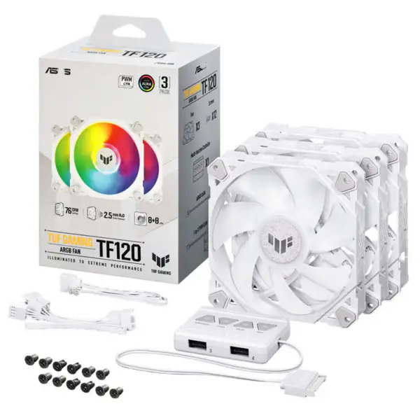 AsUs Tuf Gaming Blanco Luz Heroica Tf120 Ventilador De Chasis 3 Pcs Argb Ventilador Con Efecto De Iluminación Controlador Tuf Gaming Tf120 Argb 3en1